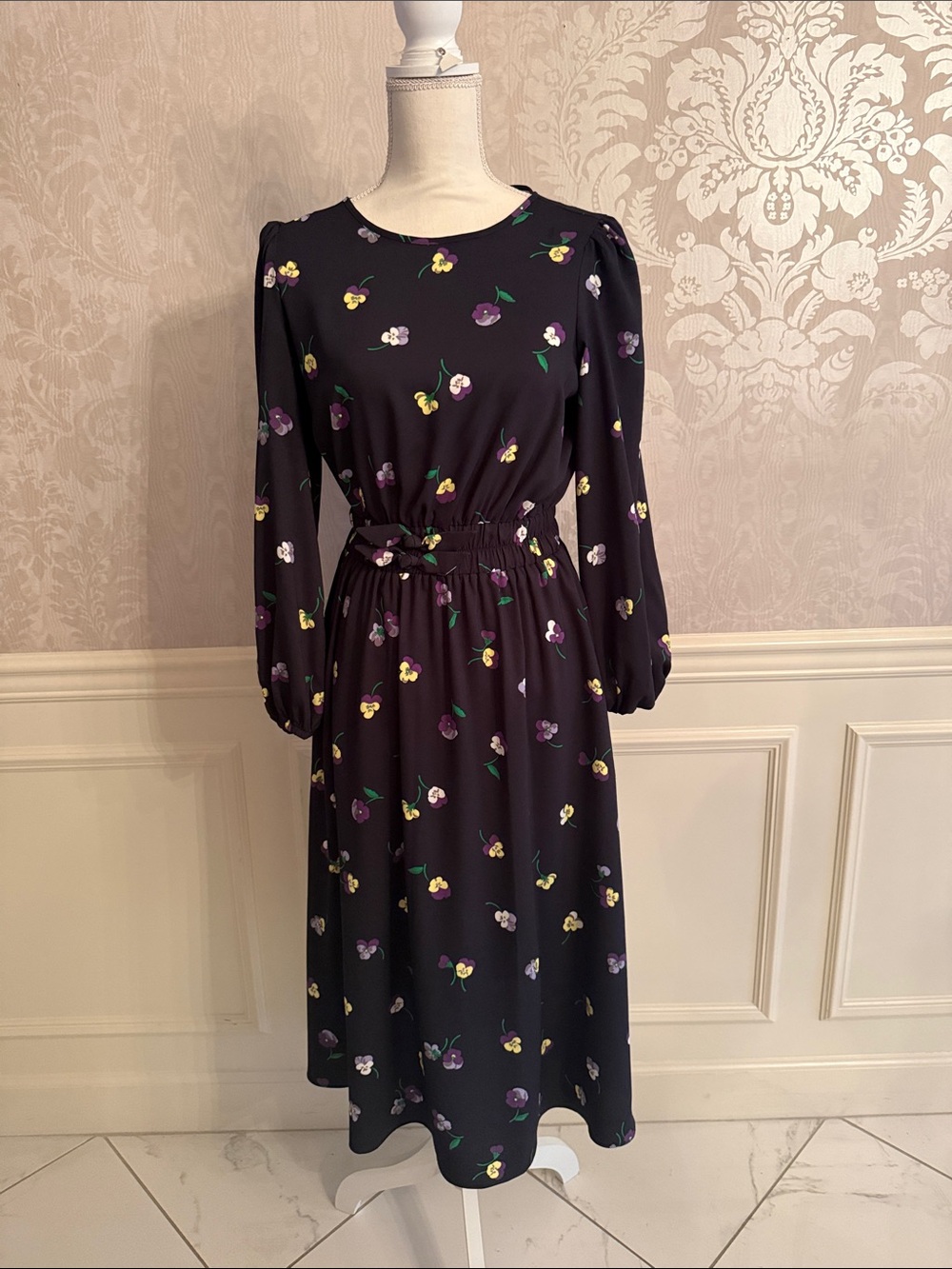 kate spade Black Midi Dress with Purple and Yellow Floral Motif